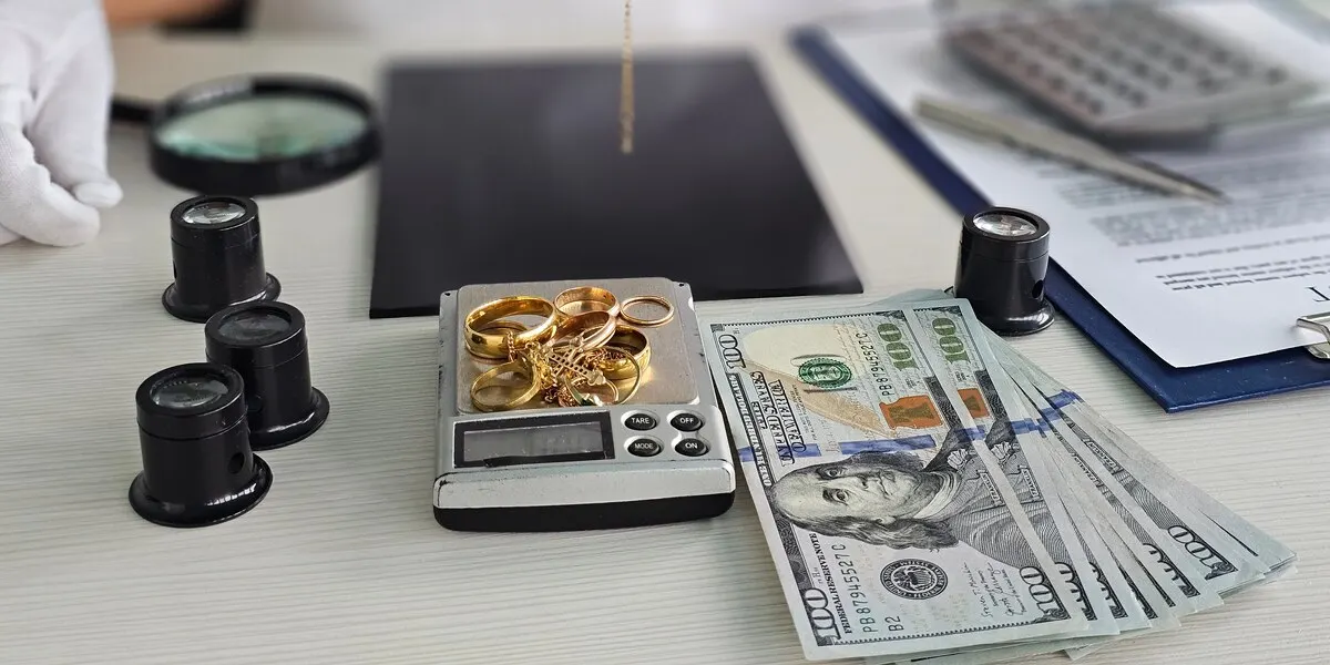 Gold rings and a chain on a digital jewelry scale beside a stack of hundred-dollar bills, jeweler's loupes and a magnifier on an appraisal desk